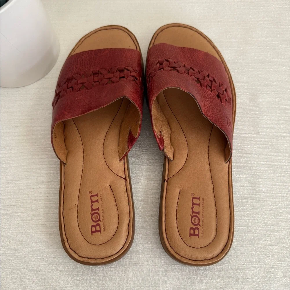 Born Burgundy Leather Woven Slide Sandals - Picture 8 of 13